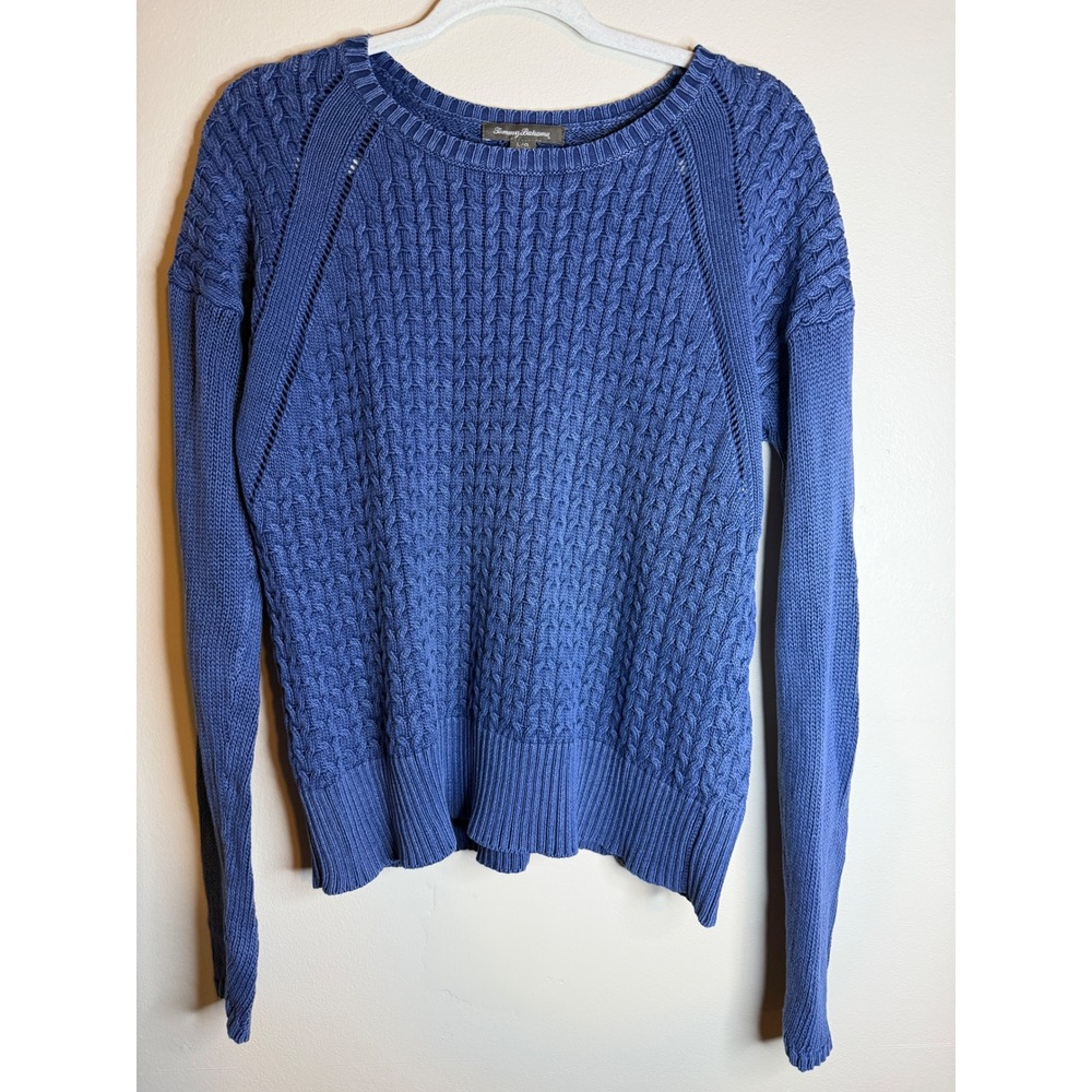 Tommy Bahama Womens L Blue Cable Knit Sweater Crewneck Pullover Coastal Fall